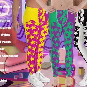 Mens Leggings Stars, Pro Wrestling Tights, Funky Fashion Leggings, Yoga Pants, Gym Outfit, Rave Gear, Dancewear, Running Tights, Wrestling tights, yoga gym pilates outfit. Pink, yellow, black, white, purple, green.