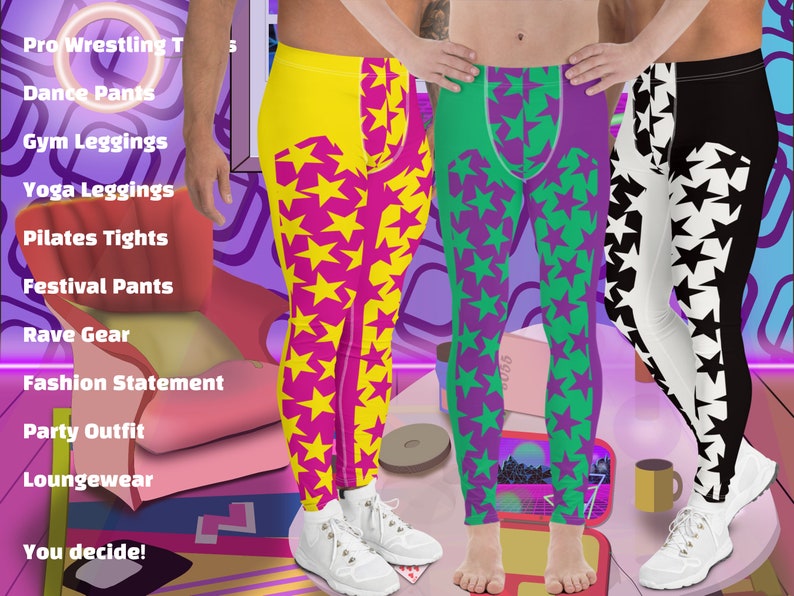 Mens Leggings Stars, Pro Wrestling Tights, Funky Fashion Leggings, Yoga Pants, Gym Outfit, Rave Gear, Dancewear, Running Tights, Wrestling tights, yoga gym pilates outfit. Pink, yellow, black, white, purple, green.