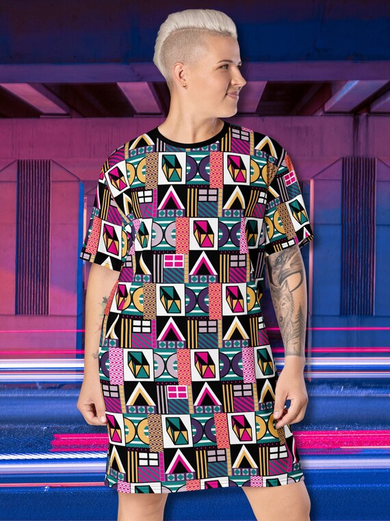 Patchwork T-Shirt Dress: Retro Memphis Geometric Print, Boho Mini Dress Patchwork T-Shirt Dress: Retro Memphis Geometric Print, Boho Mini Dress