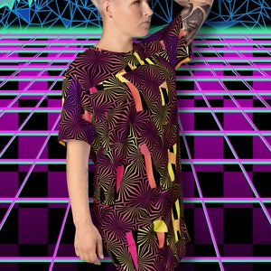 T-shirt Dress Disco Outfit, Fancy Dress Party Dress, Spandex Vaporwave Clubbing Shirtdress, Festival Outfit, Oversized Party Shirt Outfit