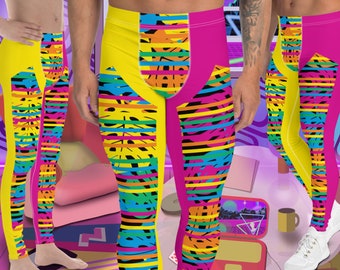 Mens Leggings, Yellow and Pink Monstera Print Leggings, Pro Wrestling Tights, Funky Fashion Leggings, Yoga Pants, Gym Outfit, Camp Rave Gear