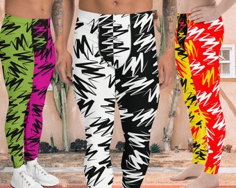 Mens Color Block Leggings, Zigzag Patterned Spandex Tights