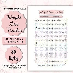 May include: Printable weight loss tracker template with a colorful grid of numbers from 1 to 80. The template is designed to help users track their weight loss journey. The template is 80 lb/kg and is available in A4, A5, and US Letter sizes.