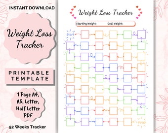 Weight Loss Tracker 52 Weeks, Weight Loss chart, Motivational chart, weight progress, A4 Printable PDF