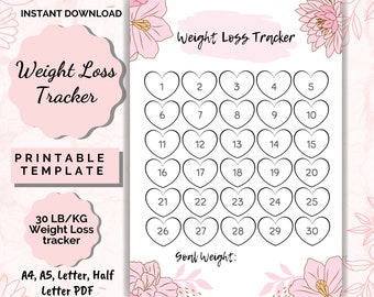Weight Loss Tracker Printable 30 lb/kg, Weight Loss Chart motivational, weight loss journal, Instant Download