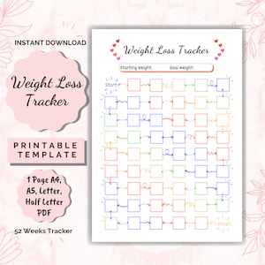 Weight Loss Tracker 52 Weeks, Weight Loss chart, Motivational chart, weight progress, A4 Printable PDF image 1