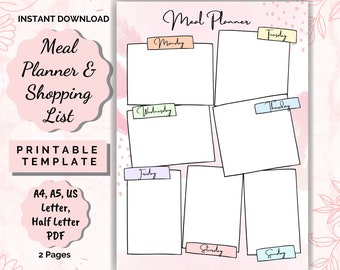May include: Printable meal planner and shopping list template with a pink background and colorful accents. The template is divided into seven sections for each day of the week, with space for writing in meals and grocery items. The text "Meal Planner" is at the top of the page.