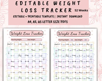 EDITABLE PDF Weight Loss Tracker 52 Weeks, Weight Loss Tracker Printable, weight loss chart motivational