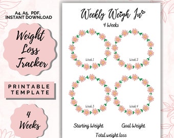 Weight Tracker 4 Weeks, Weight Loss chart, Motivational chart, weight progress, A4 Printable PDF