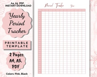 Period Tracker, Period Log, Period Planner,  menstrual tracker, menstrual log, menstrual cycle, menstruation log, Printable PDF A4