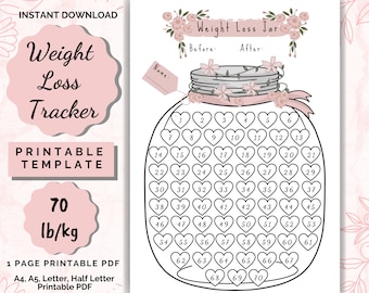 Weight Loss Jar 70 lb/kg Printable, Weight Loss chart, Weight loss planner, weightloss, Weight Loss journey