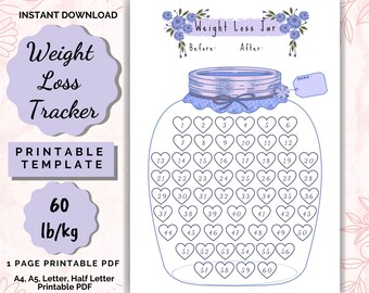 Weight Loss Jar 60 lb/kg Printable, Weight Loss chart, Weight loss planner, weightloss, Weight Loss journey