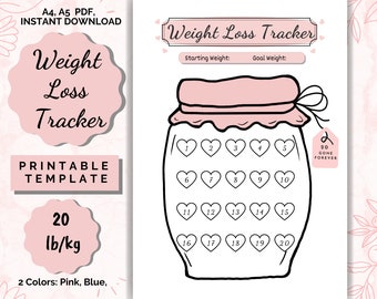 Weight Loss Jar 20 lb/kg, Weight Loss Tracker, Weightloss planner, weight loss printable, Weight Loss Chart