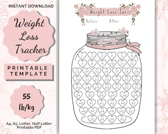 Weight Loss Jar 55 lb/kg Printable, Weight Loss chart, Weight loss planner, weightloss, Weight Loss journey