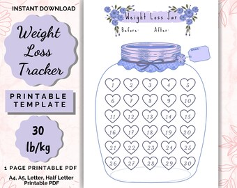 Weight Loss Jar 30 lb/kg Printable, Weight Loss chart, Weight loss planner, weightloss, Weight Loss journey