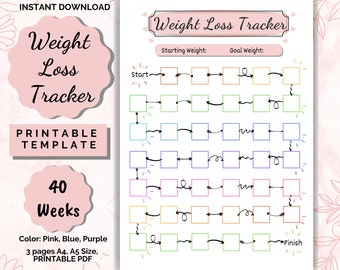 May include: Printable weight loss tracker with 40 boxes representing weeks. The tracker is designed with colorful arrows and boxes to track progress. The text "Weight Loss Tracker" is at the top of the page. The text "Start" is at the beginning of the tracker and "Finish" is at the end. The text "1 Box = 1 Week" and "40 Boxes = 40 Weeks" is at the bottom of the page.
