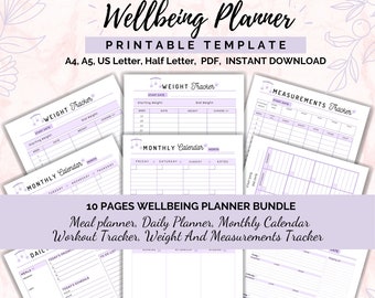 Wellbeing planner, meal planner, daily planner, monthly calendar, workout planner, weight tracker, measurements tracker, printable digital