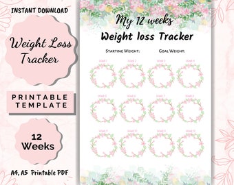 Weight Loss Tracker 12 Weeks, Weight Loss chart printable, Motivational chart, weight progress journey