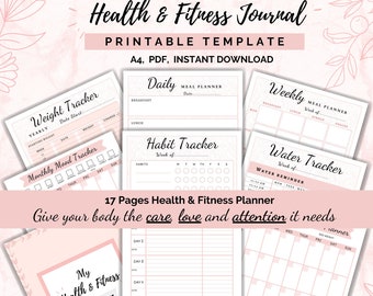 Könnte beinhalten: Eine druckbare Vorlage für ein Gesundheits- und Fitness-Tagebuch mit rosa und weißen Akzenten. Das Tagebuch enthält Seiten zum Verfolgen von Gewicht, Stimmung, Gewohnheiten, Wasseraufnahme und Ernährungsplanung. Der Text "Geben Sie Ihrem Körper die Pflege, Liebe und Aufmerksamkeit, die er braucht" ist auf dem Cover gedruckt.
