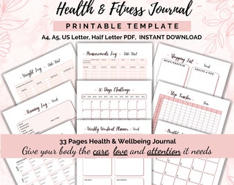 Könnte beinhalten: Eine druckbare Vorlage für ein Gesundheits- und Fitness-Tagebuch mit rosa floralen Akzenten. Das Tagebuch enthält Seiten zum Verfolgen von Gewicht, Maßen, Laufen, Training, Ernährungsplanung und mehr. Der Text auf dem Cover lautet "Health & Fitness Journal Printable Template A4, A5, US Letter, Half Letter PDF, Instant Download".