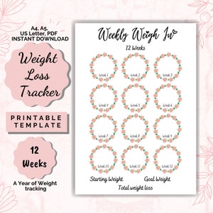 Weight Tracker 12 Weeks, Weight Loss chart, Motivational chart,  weight progress, A4 Printable PDF