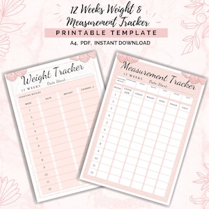 Weight and measurements tracker 12 weeks printable, weight loss tracker journal printable, Instant Download