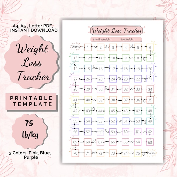 Weight Loss Tracker Printable 75 lb/kg, Weight Loss Chart motivational, weight loss journal,Instant Download