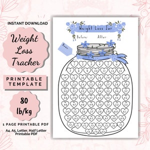 May include: Printable weight loss tracker template featuring a jar with 80 hearts to color in as you lose weight. The jar is decorated with blue flowers and a blue ribbon. The text "Weight Loss Jar" is at the top of the page, with spaces to write in your starting and ending weight.