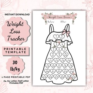 May include: Printable weight loss tracker template featuring a black and white outline of a dress with 30 hearts, each numbered from 1 to 30. The text "Weight Loss Dress" is at the top of the page with the words "Before" and "After" underneath. The text "30 lb/kg" is in a pink circle on the left side of the page.