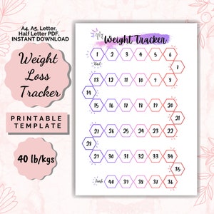 May include: Printable weight loss tracker template with a hexagonal design. The tracker is designed to track 40 pounds or kilograms of weight loss. The tracker is color-coded with purple, pink, and red.