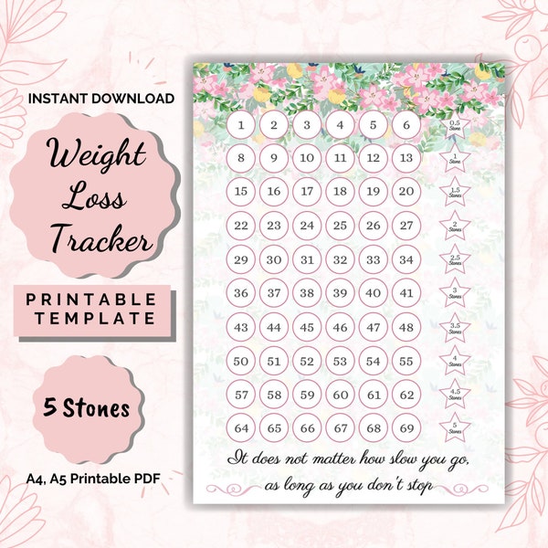 Weight Loss Tracker 5 Stones Printable, Weight Loss Chart, Weight Progress journey, Motivational chart PDF