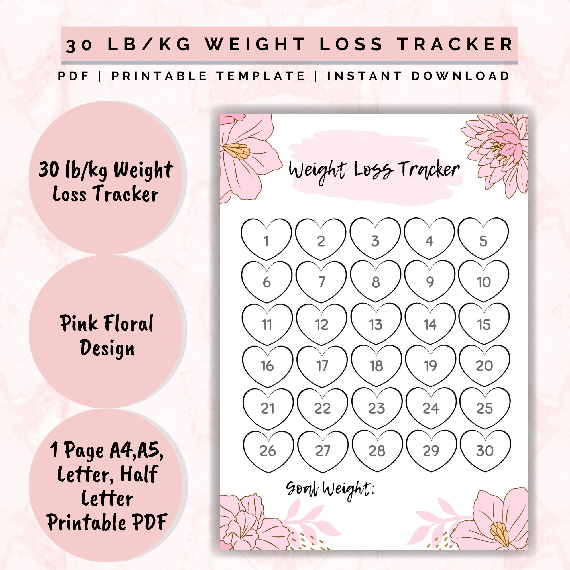 Weight Loss Tracker Printable 30 Lb kg Weight Loss Chart Etsy