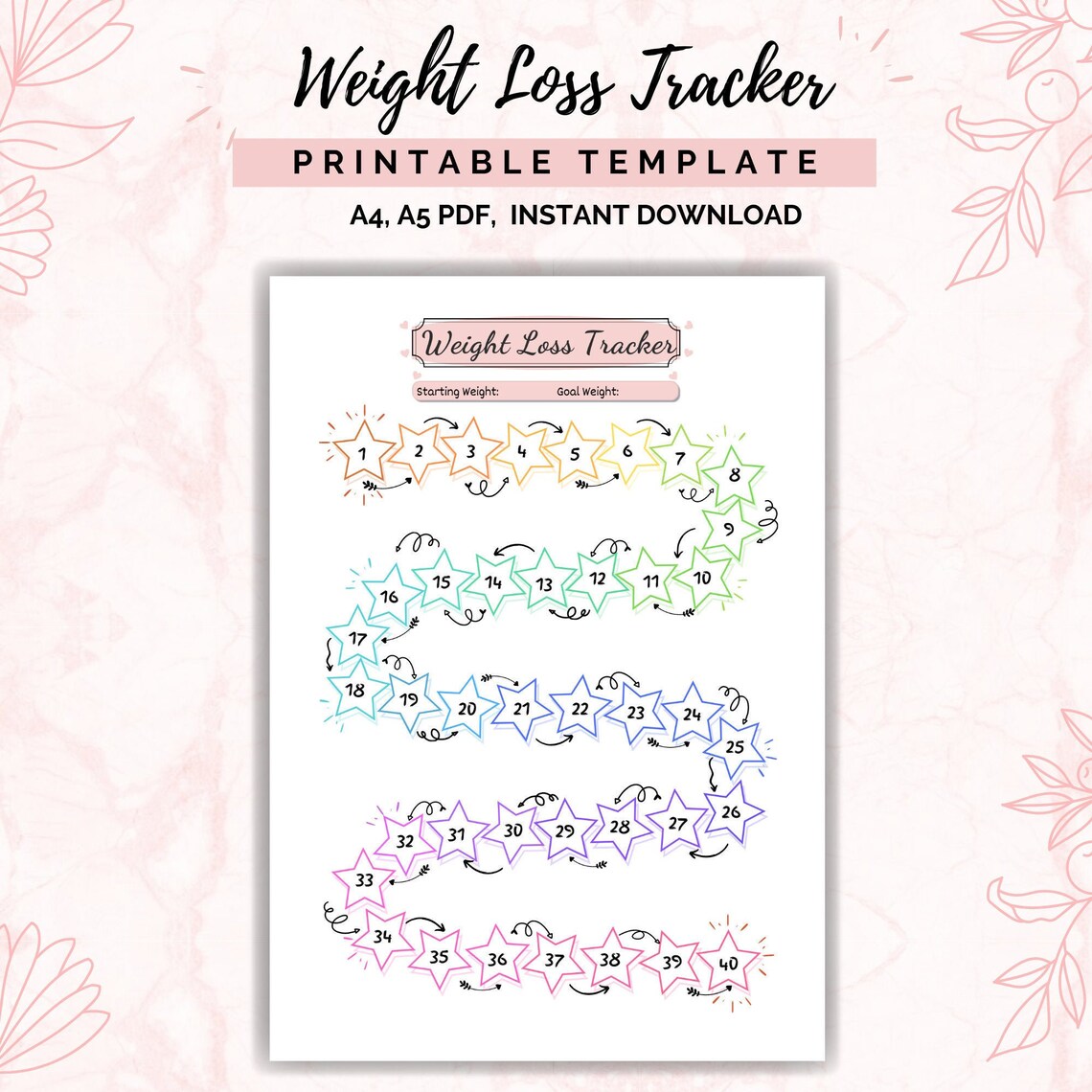 Weight Loss Tracker Printable 40 Lb/kg, Weight Loss Chart Motivational ...