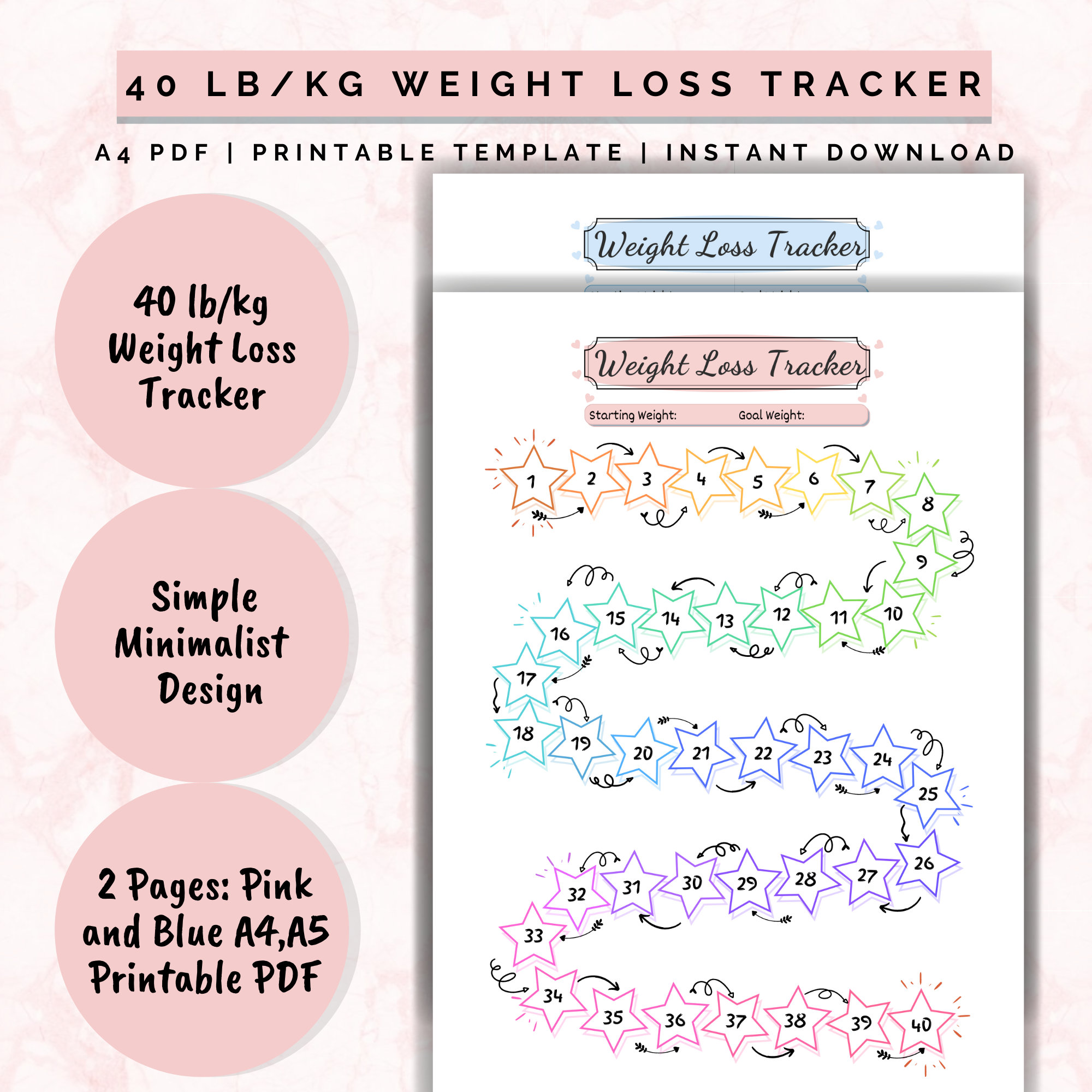 Weight Loss Tracker Printable 40 Lb/kg, Weight Loss Chart Motivational ...