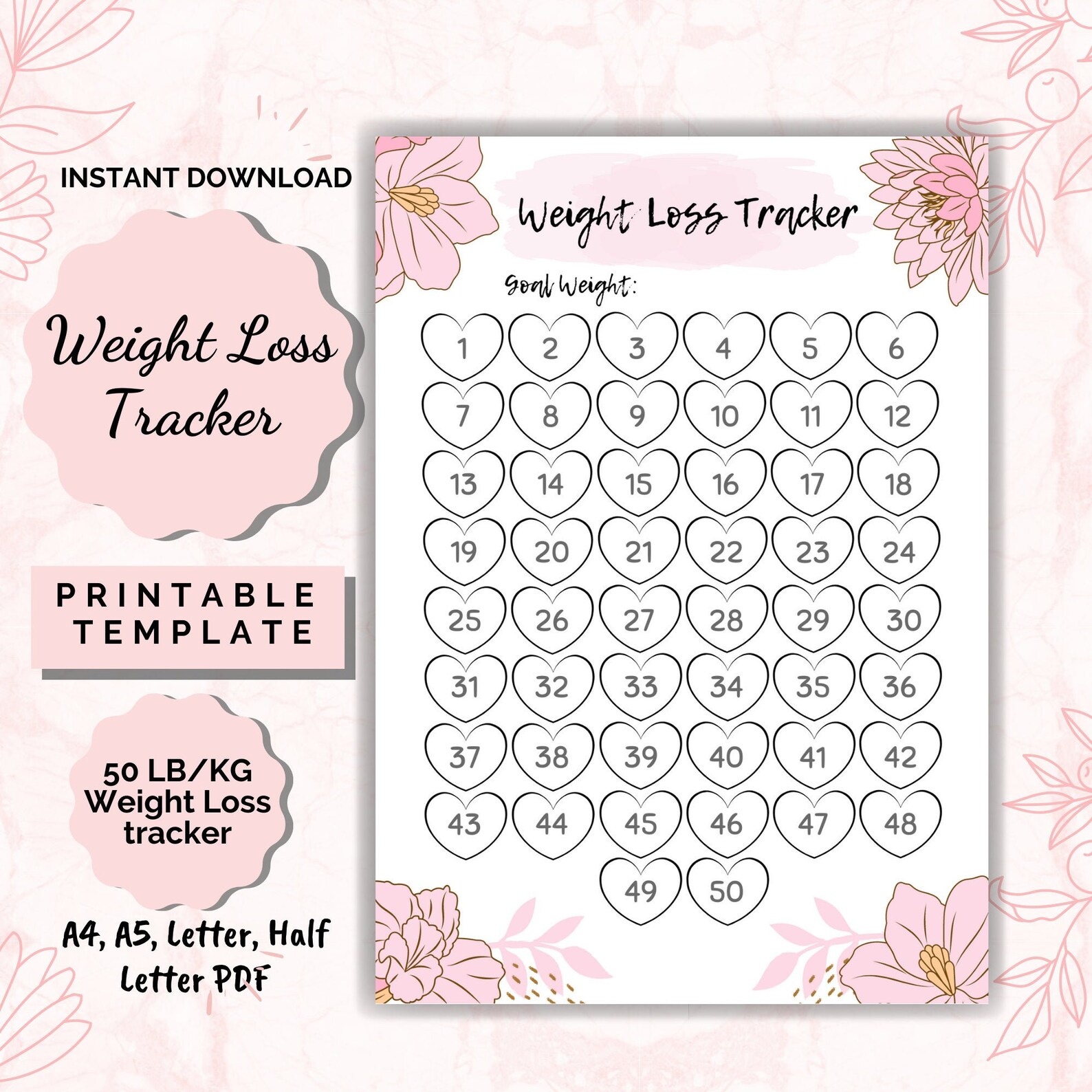Weight Loss Tracker Printable 50 Lb/kg Weight Loss Chart - Etsy