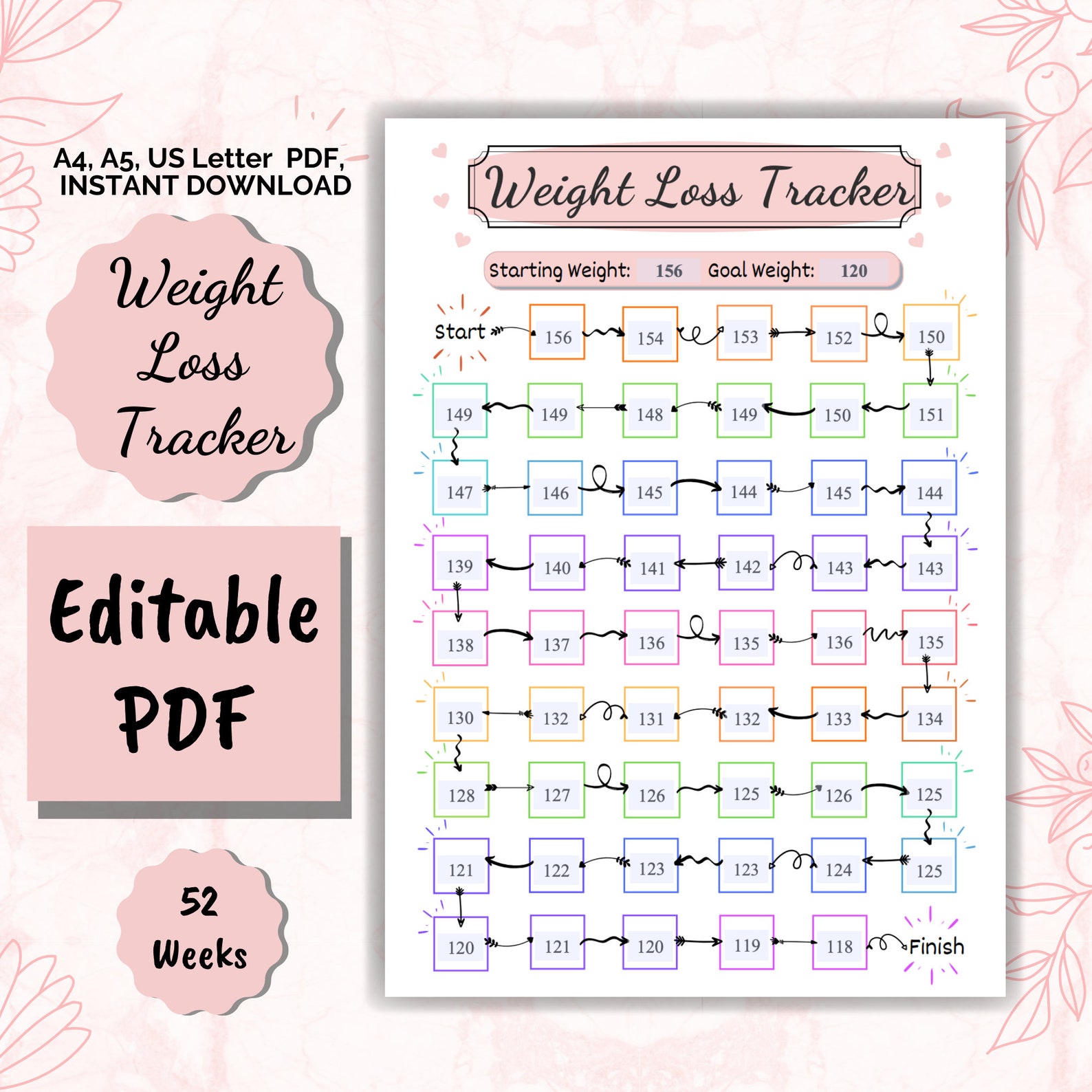 EDITABLE PDF Weight Loss Tracker 52 Weeks, Weight Loss Tracker ...