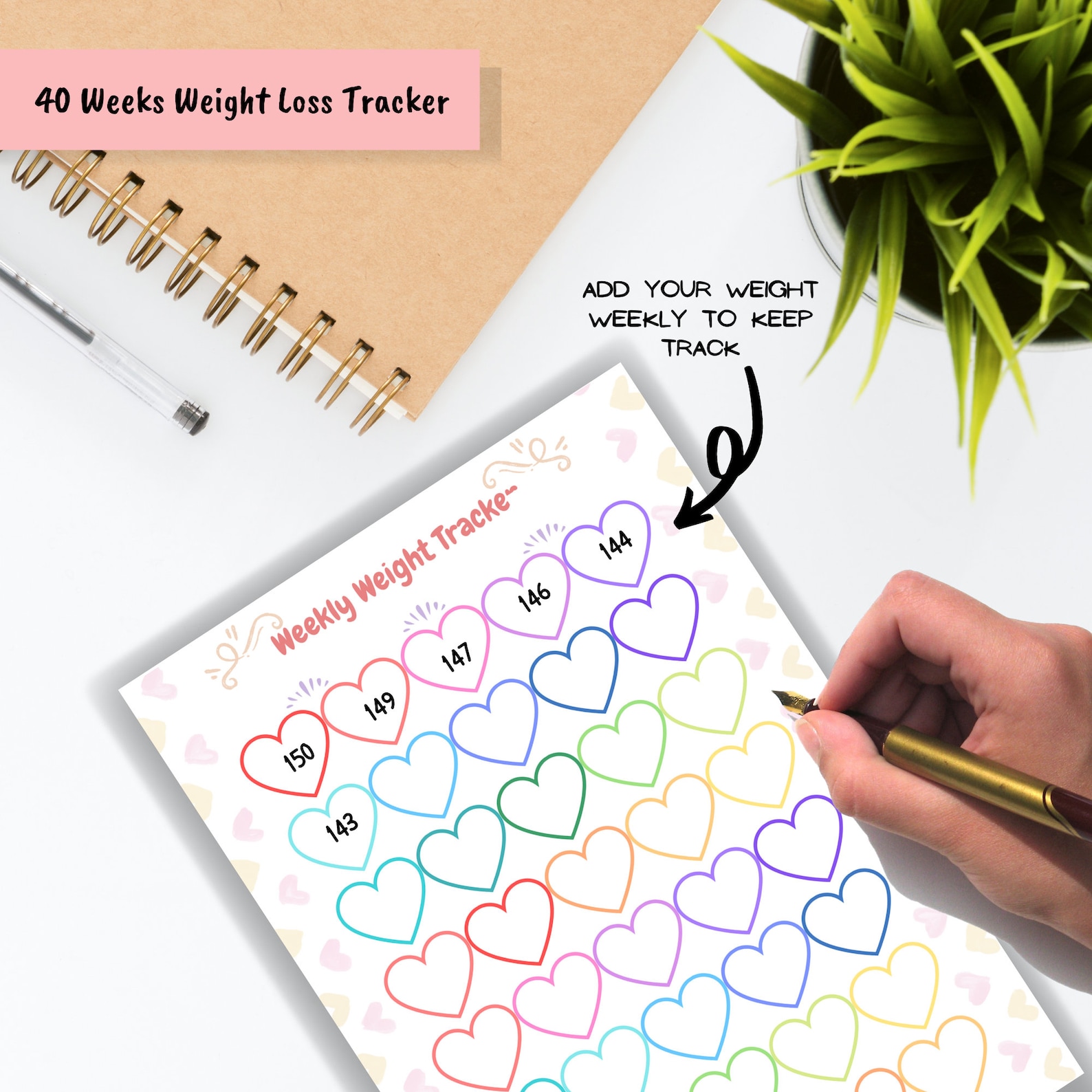 Weight Loss Tracker 40 Weeks, Weight Loss Chart Printable, Motivational ...
