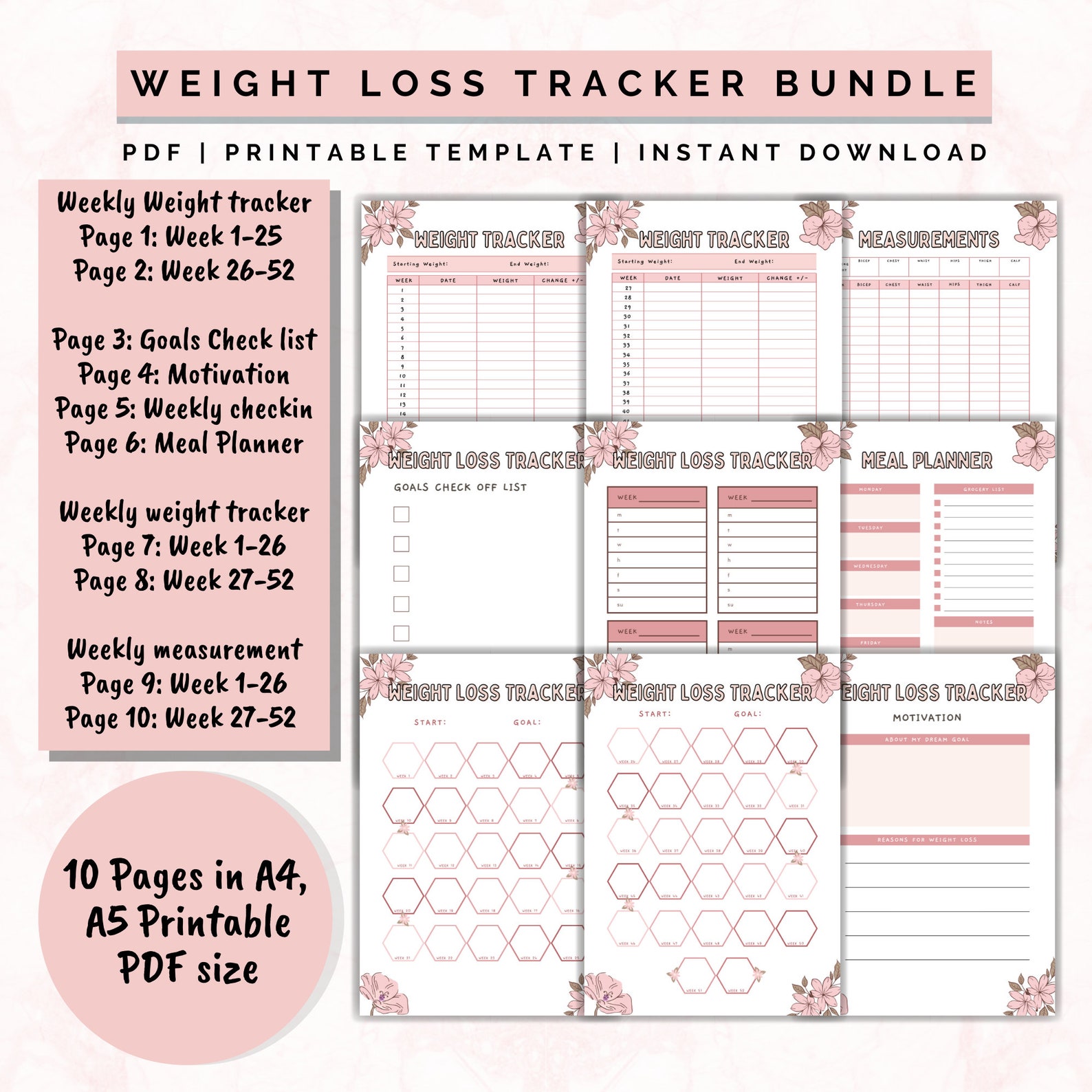 52 Weeks Weight Loss Tracker Journal Printable, Yearly Weekly Weight ...