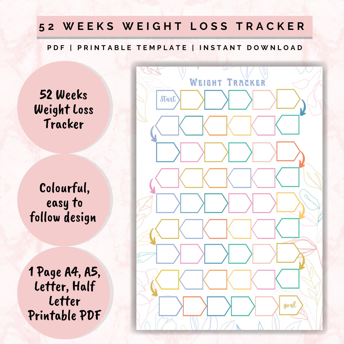 52 Week Weight Loss Tracker Printable, Motivational Chart (PDF) - Etsy