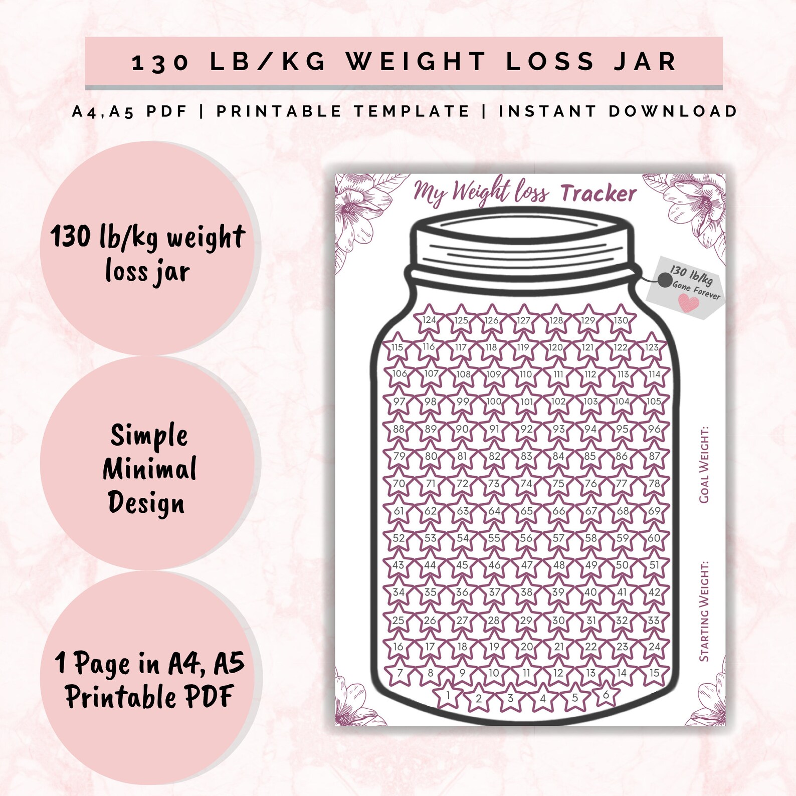 Weight Loss Jar 130 Lb/kg, Weight Loss Tracker, Weightloss Planner