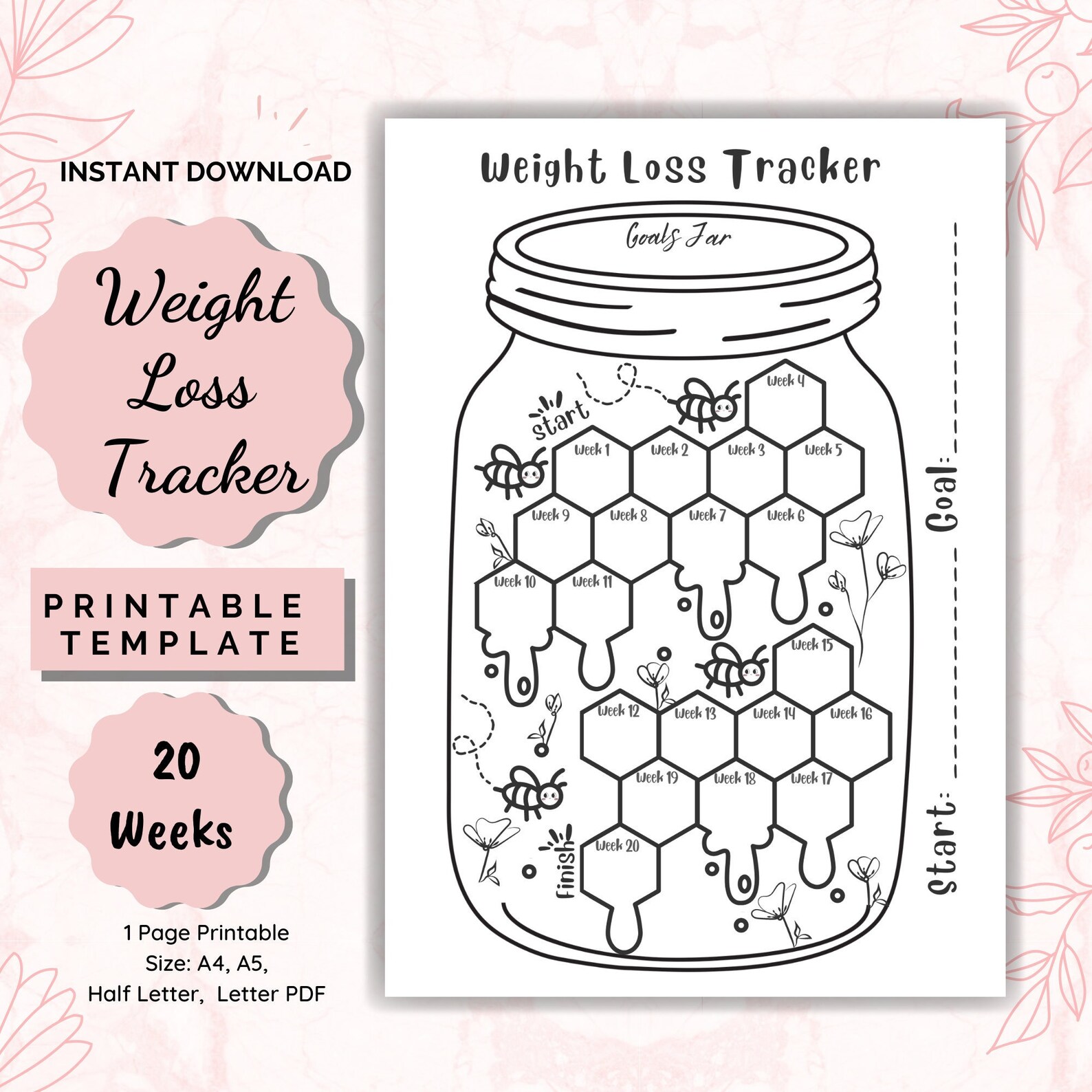 20 Weeks Weight Loss Tracker Printable, Weight Loss Chart Motivational