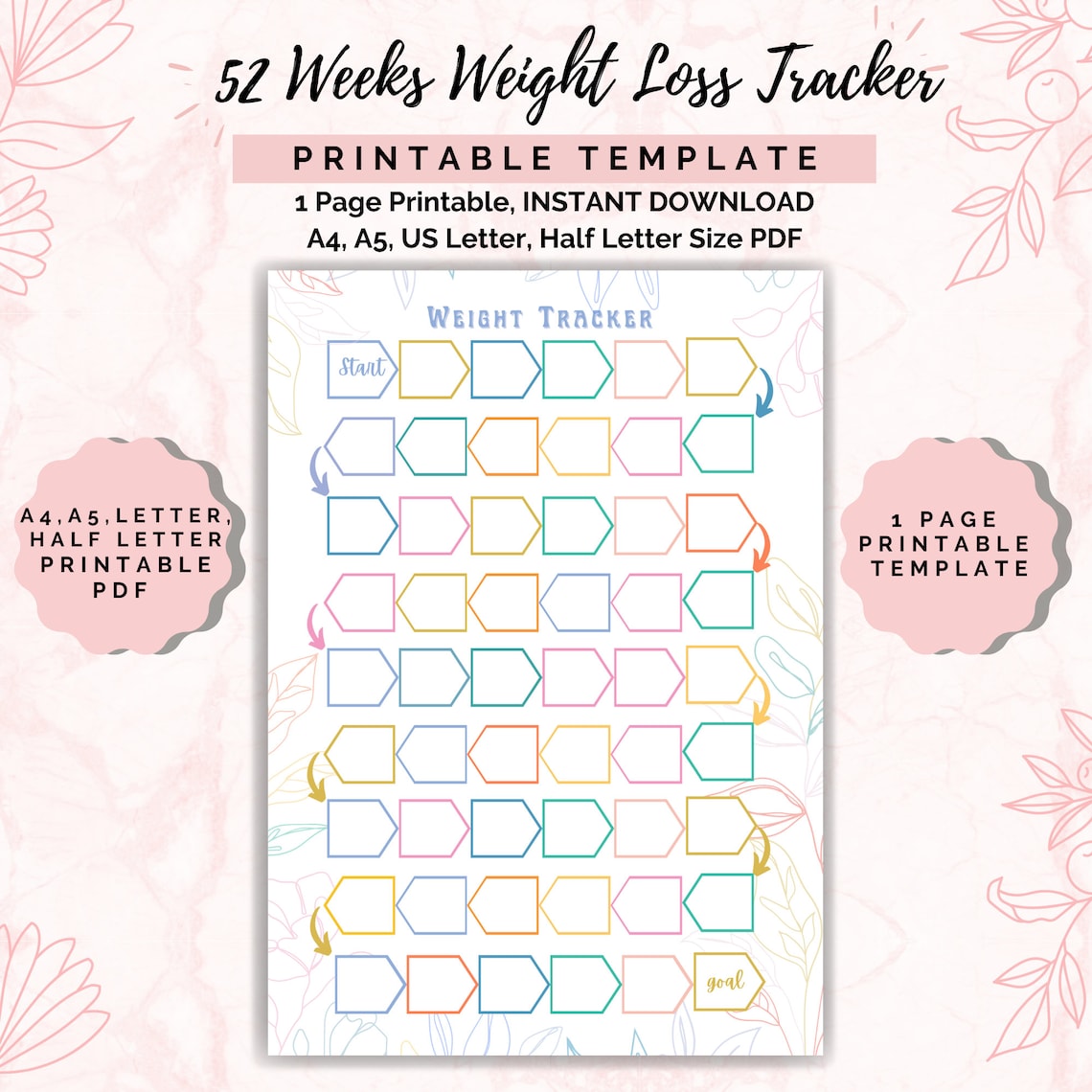 52 Week Weight Loss Tracker Printable, Motivational Chart (PDF) - Etsy