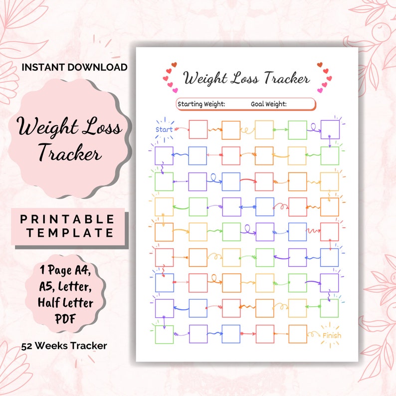 Weight Loss Tracker 52 Weeks, Weight Loss chart, Motivational chart, weight progress, A4 Printable PDF image 1