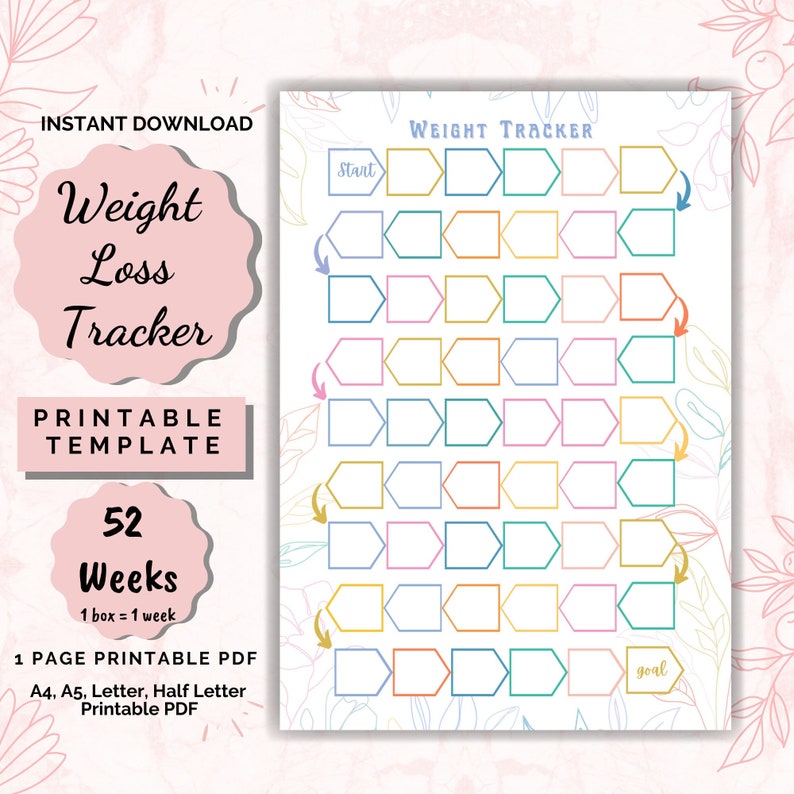 Weight Loss Tracker 52 Weeks, Weight Loss Chart Printable, Motivational ...