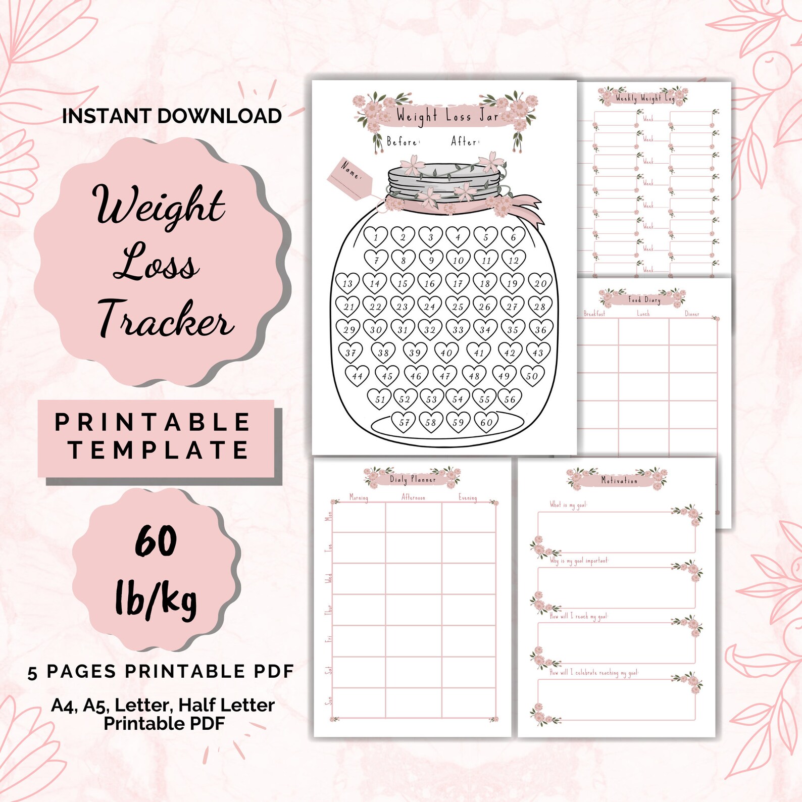 Weight Loss Jar 60 Lb/kg Bundle Printable, Weight Loss Chart, Weight