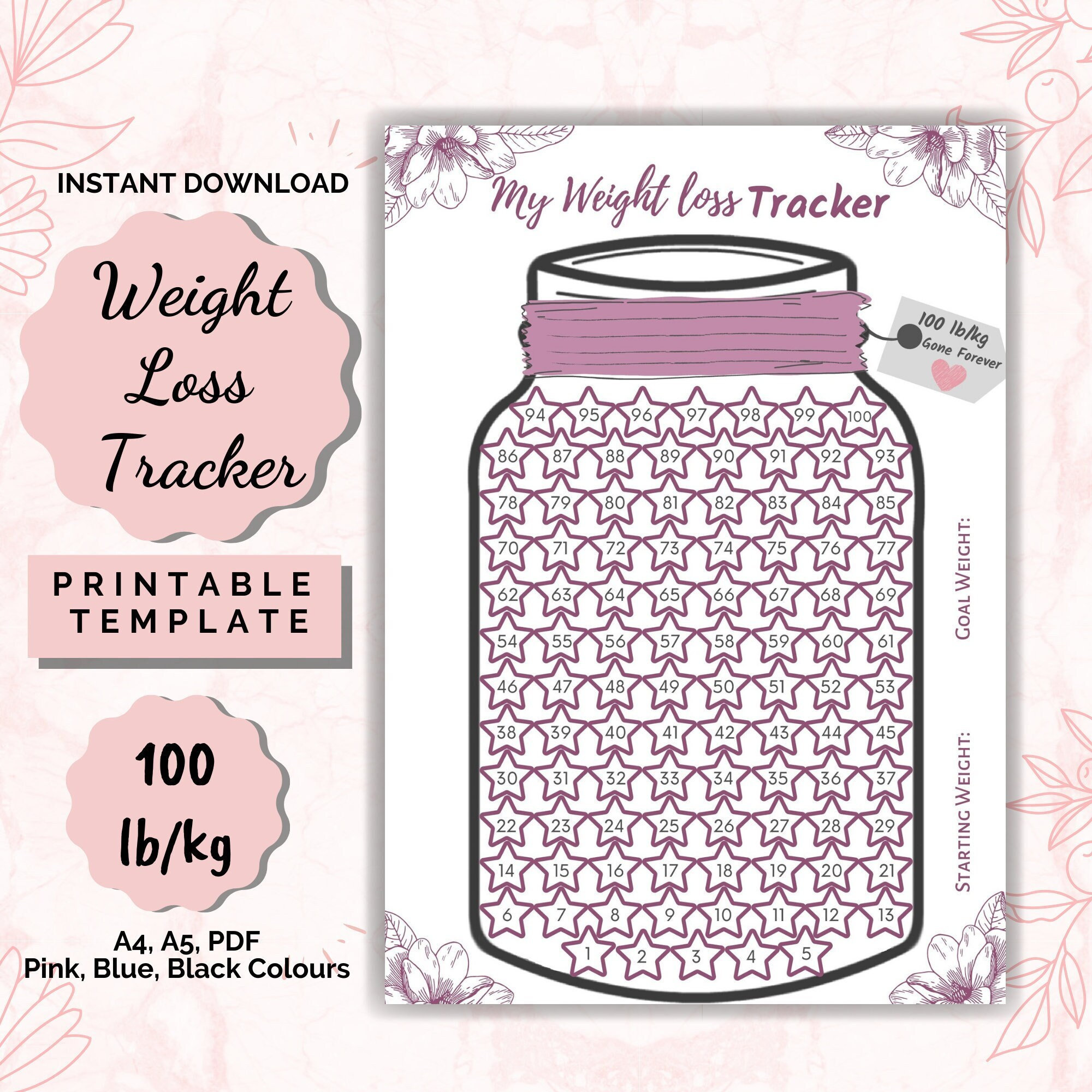 100 lb/kg weight loss tracker jar, printable chart (a4, a5 pdf