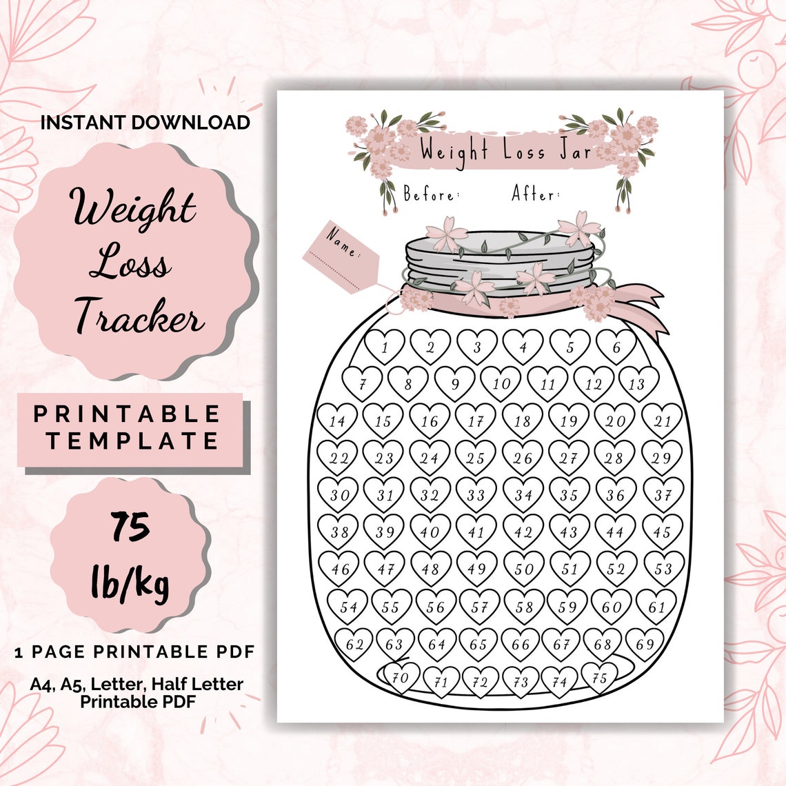 Weight Loss Jar 75 lb/kg Printable Weight Loss chart Weight Etsy