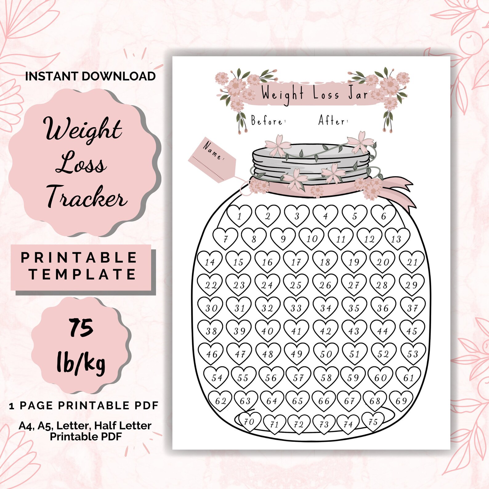 Weight Loss Jar 75 Lb/kg Printable, Weight Loss Chart, Weight Loss