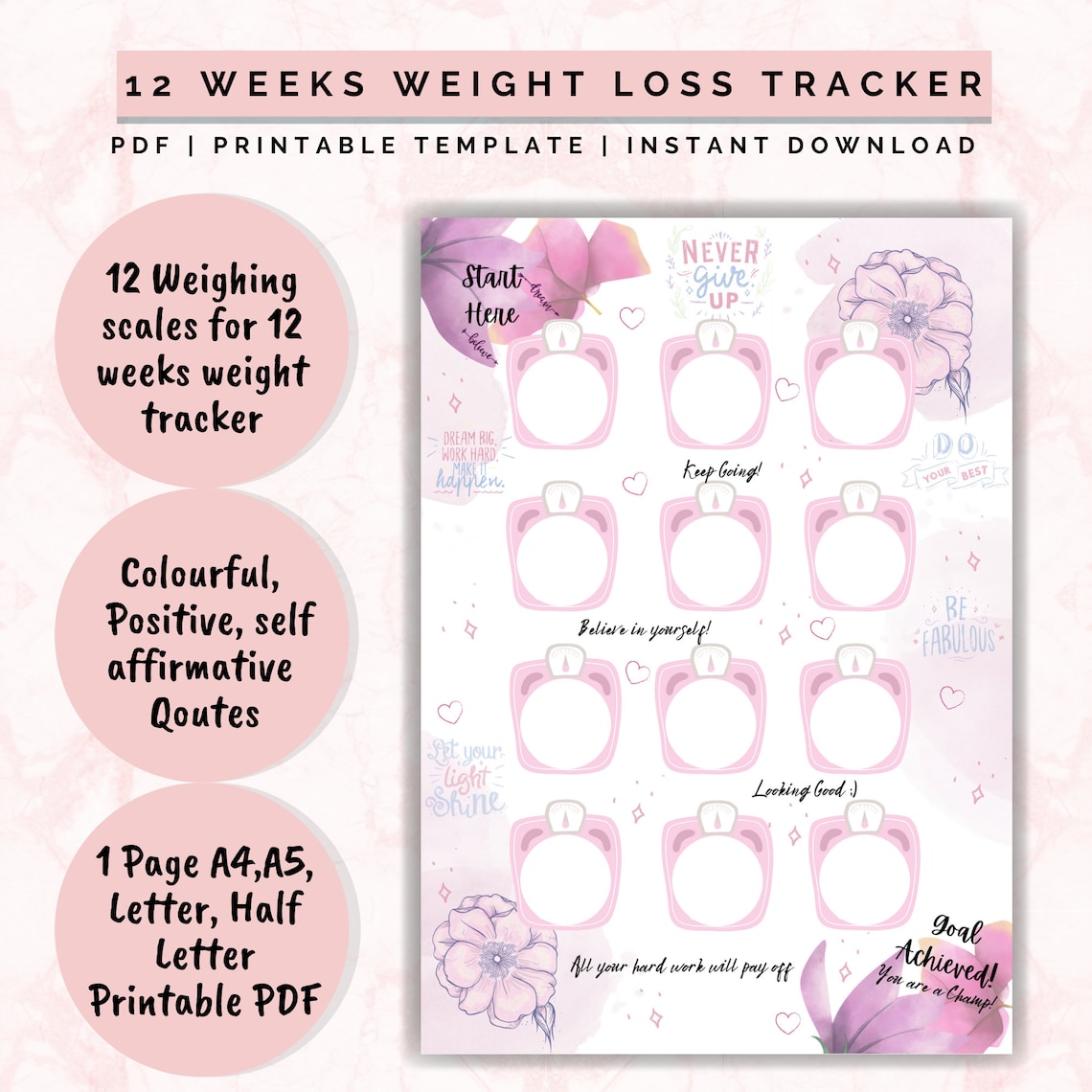 Weight Loss Tracker 12 Weeks Weight Loss Chart Motivational Etsy