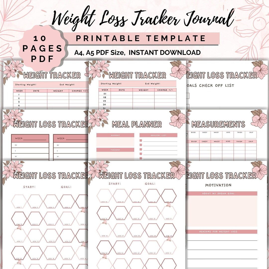 52 Weeks Weight Loss Tracker Journal Printable, Yearly Weekly Weight ...